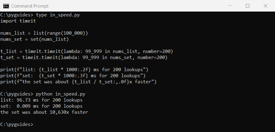 python in operator list vs set speed timeit command prompt Command Prompt output timing the Python in operator on a 100,000-item list versus a set with timeit