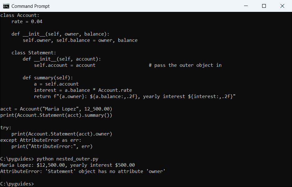 Command Prompt output of a Python inner Statement class receiving an outer Account instance, and an AttributeError when it doesn't