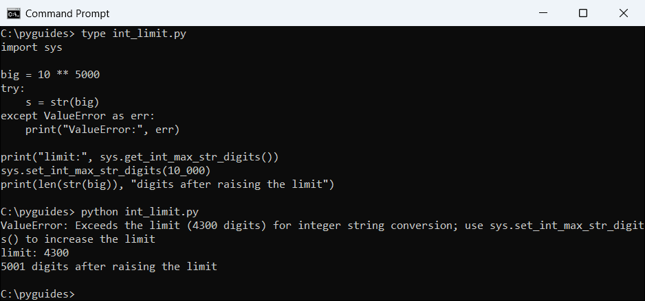 Command Prompt output of Python raising ValueError when converting a 5,001-digit integer to a string, then raising the limit