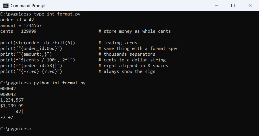 Command Prompt output formatting Python integers as strings with leading zeros, commas, a dollar amount and alignment