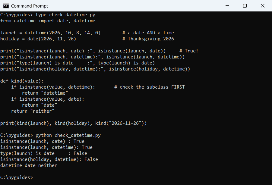 python isinstance datetime is a date command prompt Command Prompt output showing a Python datetime passing isinstance date, and a kind function that checks datetime before date