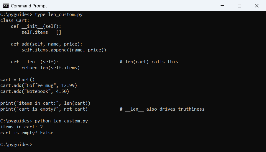 python len custom class dunder len command prompt Command Prompt output of a Python Cart class with a __len__ method so len returns the number of items