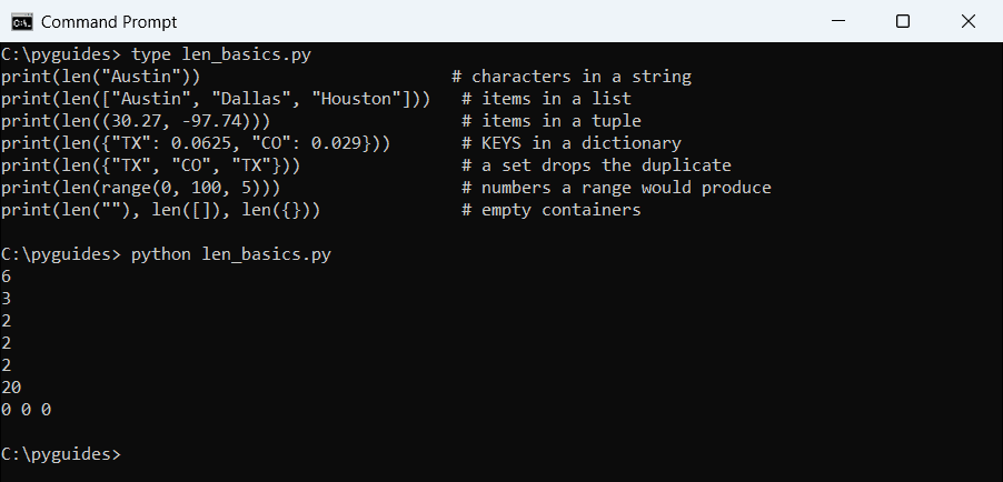 python len function string list tuple dict set range command prompt Command Prompt output of the Python len function on a string, list, tuple, dictionary, set, range and empty containers