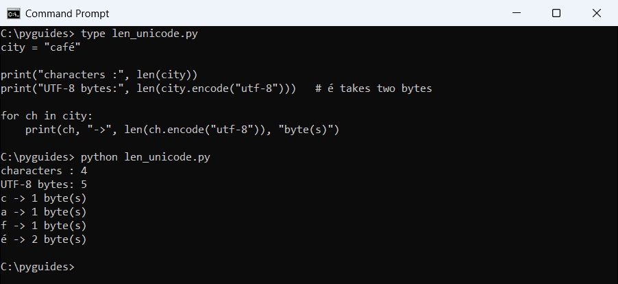 python len string characters vs utf 8 bytes command prompt Command Prompt output showing Python len of cafe with an accent is 4 characters but 5 bytes in UTF-8