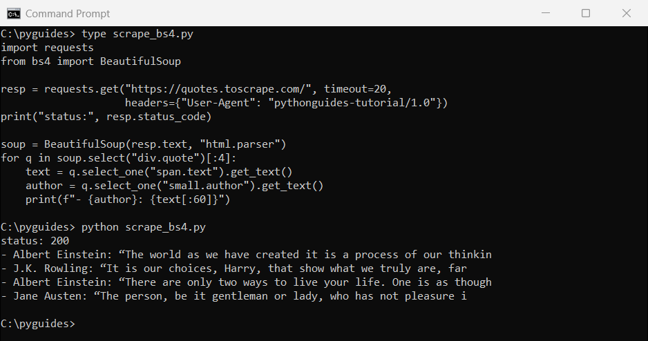 Command Prompt output of Python Requests and Beautiful Soup scraping authors and quotes from quotes.toscrape.com