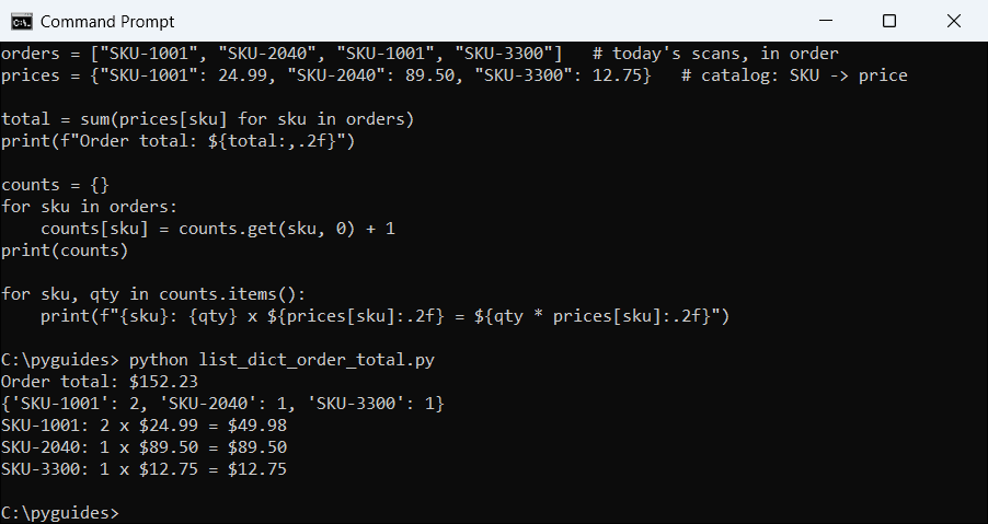 Command Prompt output of a Python order total from a list of scans priced through a dictionary, plus a SKU count dictionary