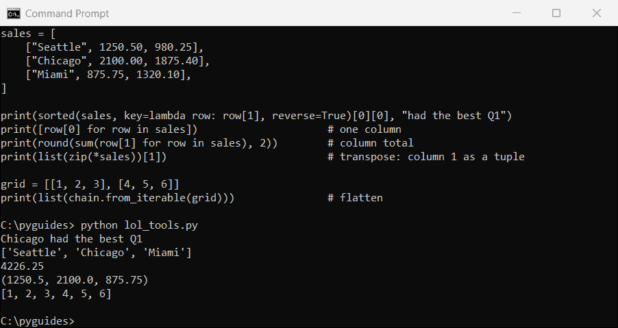 python list of lists sort column transpose flatten command prompt Command Prompt output sorting a Python list of lists by a column, pulling one column, totaling it, transposing with zip and flattening