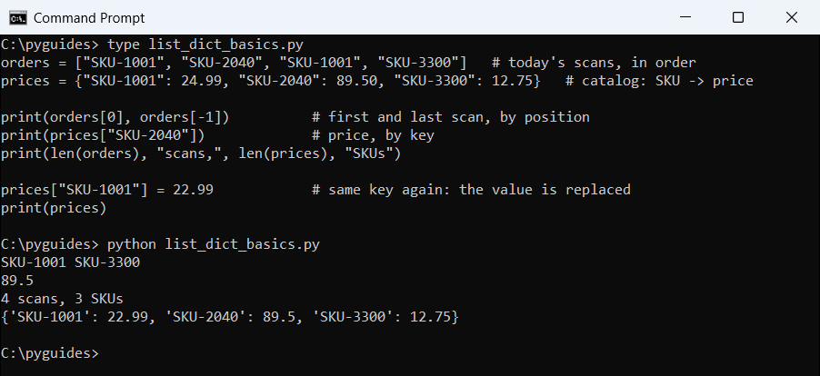 Command Prompt output of a Python list read by index and a dictionary read by key