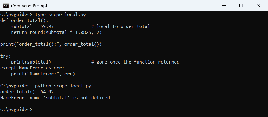 Command Prompt output showing a Python local variable raising NameError when accessed outside its function
