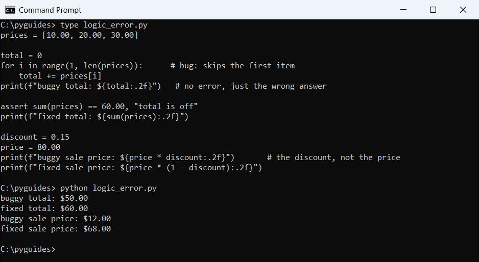 Command Prompt output of Python logical errors: a loop that skips the first price and a discount calculated instead of the sale price