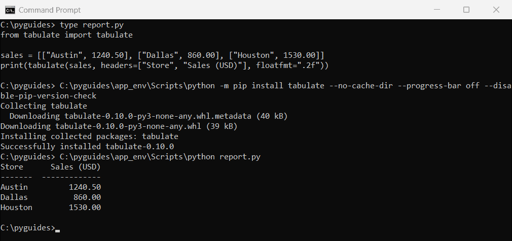 Command Prompt showing python -m pip install tabulate into the same interpreter and the script then printing a sales table