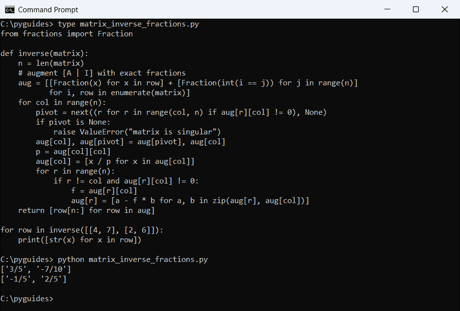 Command Prompt output of a pure Python Gauss-Jordan matrix inverse using fractions, showing 3/5 and -7/10