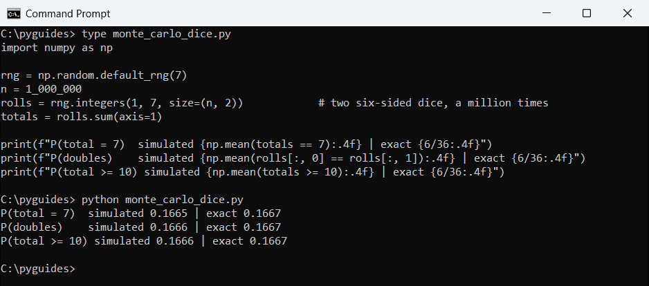Command Prompt output comparing simulated two-dice probabilities with the exact value of one sixth