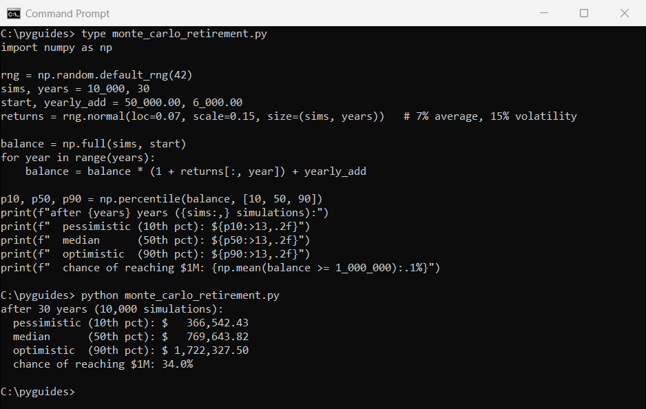 Command Prompt output of a Python Monte Carlo retirement simulation showing 10th, 50th and 90th percentile balances in USD