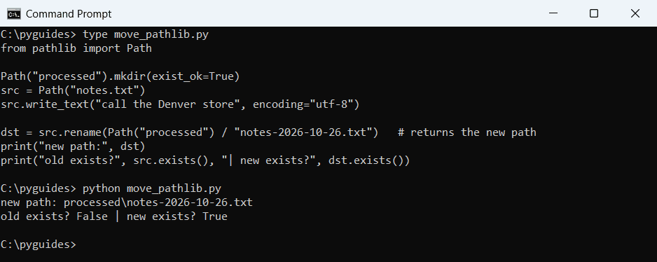 Command Prompt output of Python pathlib Path.rename moving notes.txt into a processed folder with a dated name