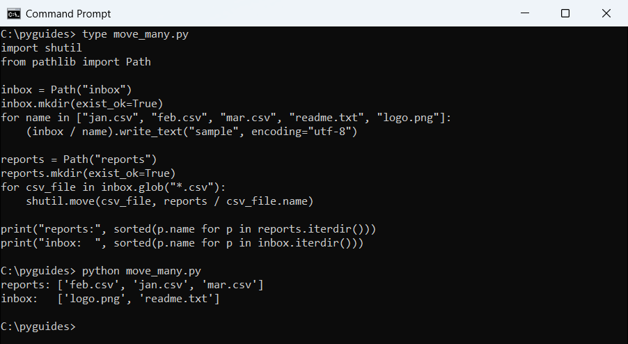 Command Prompt output of Python moving all CSV files from an inbox folder to a reports folder using glob and shutil.move