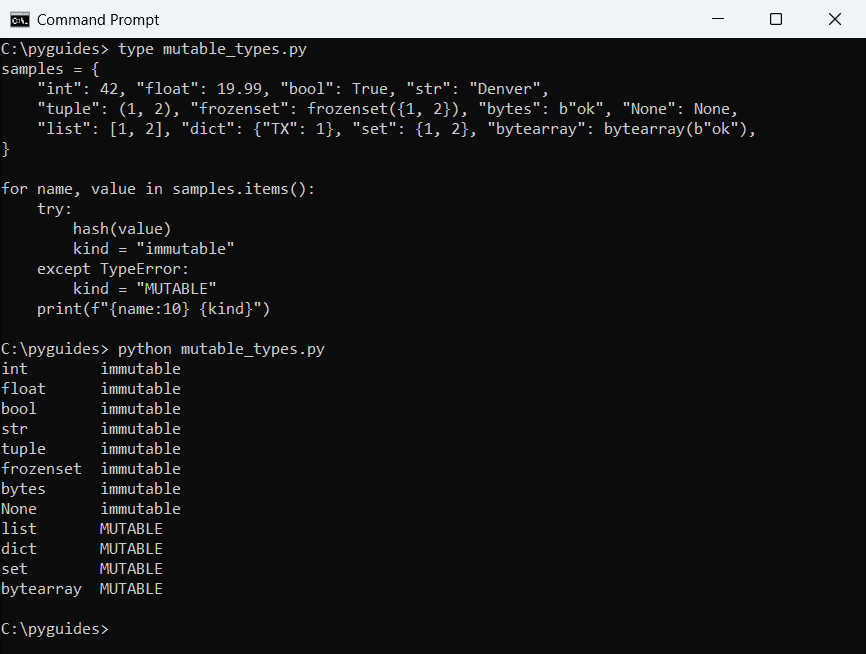 Command Prompt output listing Python built-in types as mutable or immutable using hash