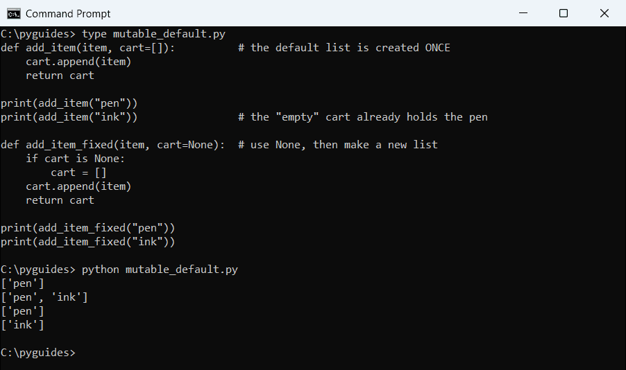 Command Prompt output showing a Python function with a mutable default list keeping items between calls and the None fix