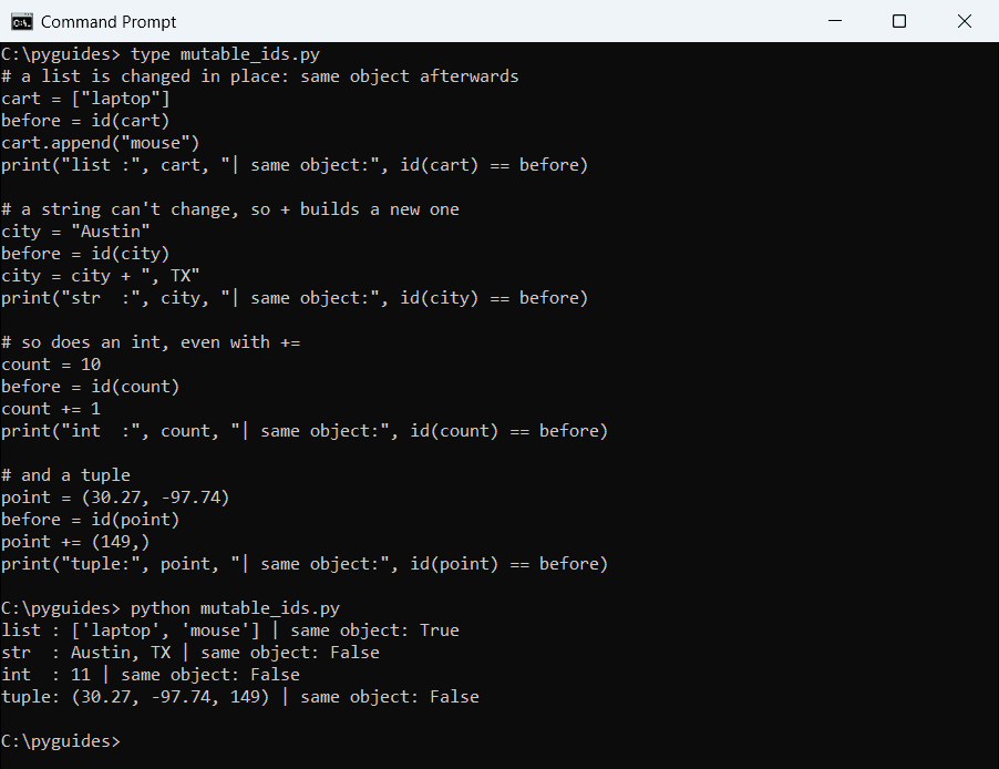 Command Prompt output showing a Python list keeps the same id after append while a string, int and tuple get a new id after changing