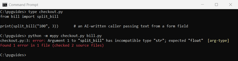 python mypy catches ai generated type error command prompt Command Prompt output of mypy reporting an incompatible str argument passed to an AI-written Python function expecting a float