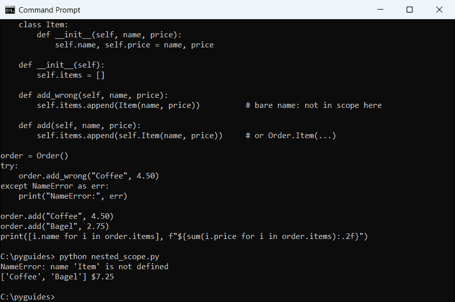 Command Prompt output of a Python nested class raising NameError when used by its bare name inside a method, then fixed with self.Item