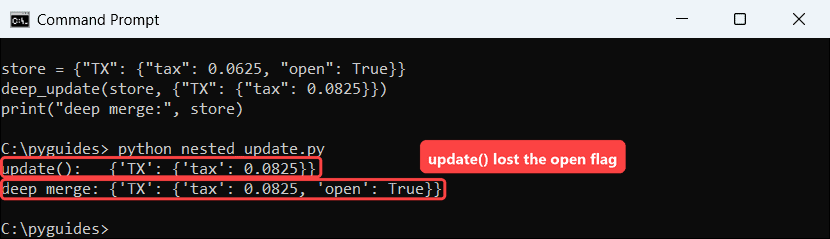 python nested dictionary update shallow vs deep command prompt Command Prompt output comparing a shallow Python dict update with a deep merge of a nested dictionary
