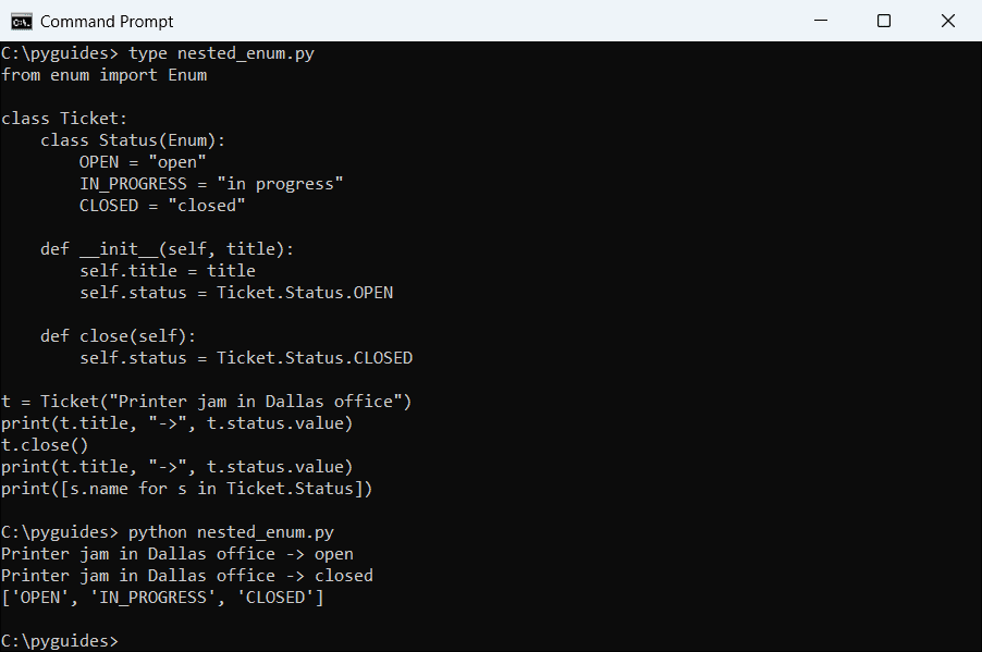 Command Prompt output of a Python Ticket class with a nested Status Enum changing from open to closed