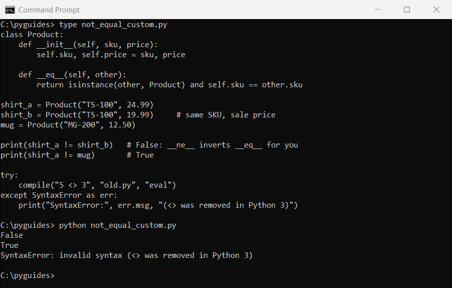 python not equal custom class eq and old syntax command prompt Command Prompt output of a Python class with __eq__ used by the not equal operator, and a SyntaxError for the old <> operator