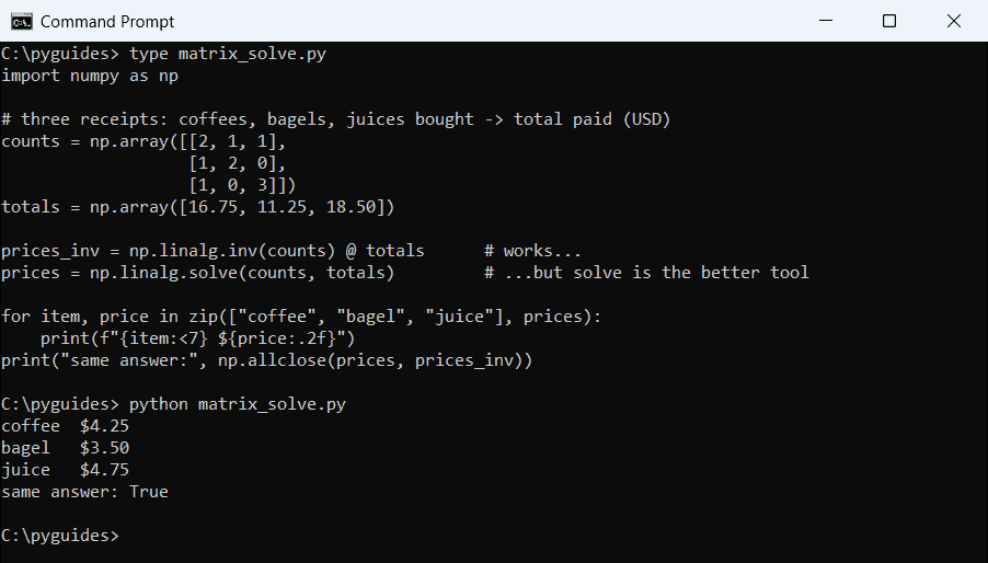 Command Prompt output of numpy.linalg.solve finding coffee, bagel and juice prices in USD from three receipts