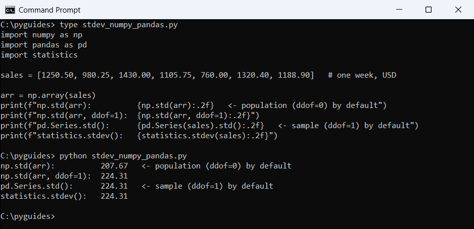 Command Prompt output comparing numpy std with ddof 0 and 1 against pandas Series std and statistics stdev