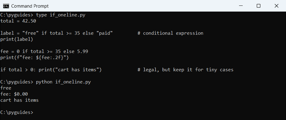Command Prompt output of Python one-line if else conditional expressions setting a label and a shipping fee