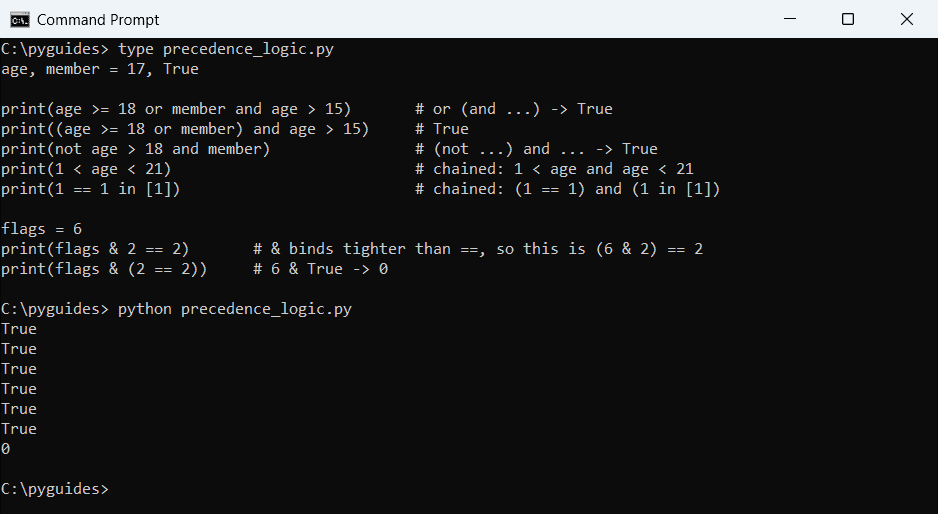 Command Prompt output of Python operator precedence for and, or, not, chained comparisons and the bitwise and operator