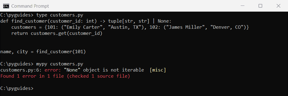 python optional tuple type hint none not iterable mypy command prompt Command Prompt output of mypy reporting that None is not iterable when unpacking an optional tuple