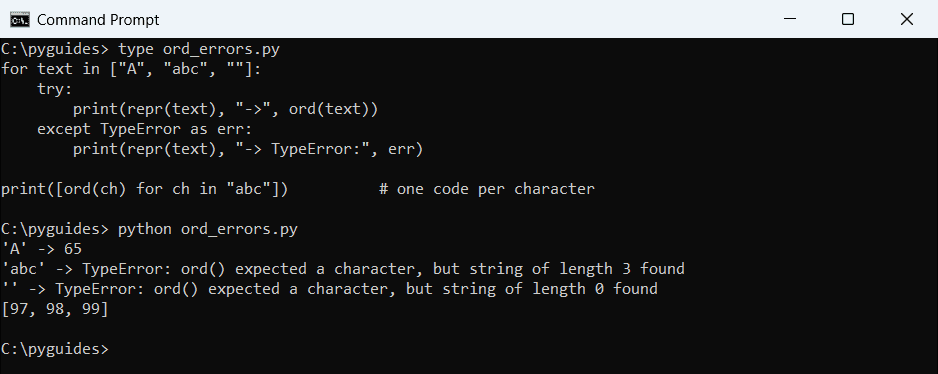 python ord expected a character but string of length typeerror command prompt Command Prompt output of Python ord raising TypeError for a three-character string and an empty string