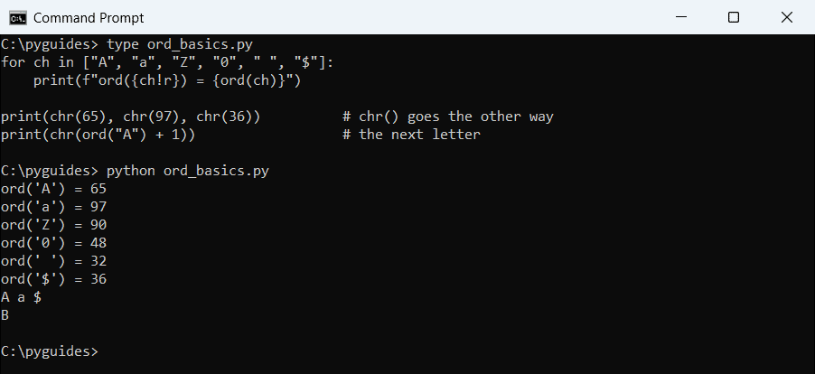 python ord function character to code chr command prompt Command Prompt output of Python ord on uppercase and lowercase letters, a digit, a space and a dollar sign, plus chr converting back