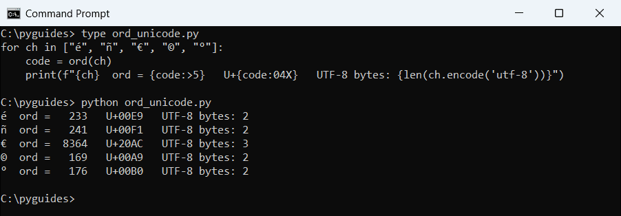 python ord unicode code point hex utf 8 bytes command prompt Command Prompt output of Python ord on accented letters and symbols with their Unicode code points in hex and UTF-8 byte counts