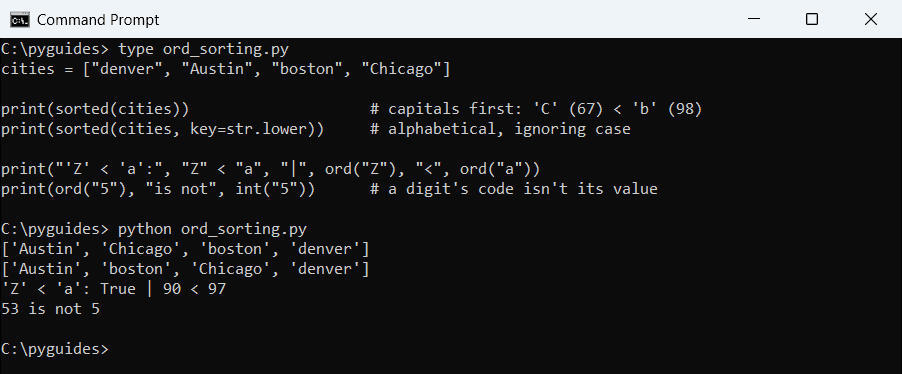 python ord why uppercase sorts before lowercase command prompt Command Prompt output showing Python sorted placing capitalized city names first because uppercase code points are smaller, and key=str.lower fixing it