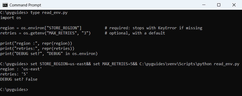 python os environ getenv read environment variable command prompt Command Prompt setting STORE_REGION and MAX_RETRIES and a Python script reading them with os.environ and os.getenv