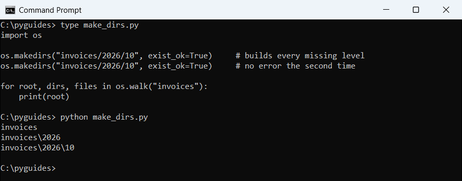 Command Prompt output of Python os.makedirs with exist_ok creating invoices/2026/10 and os.walk listing the folders