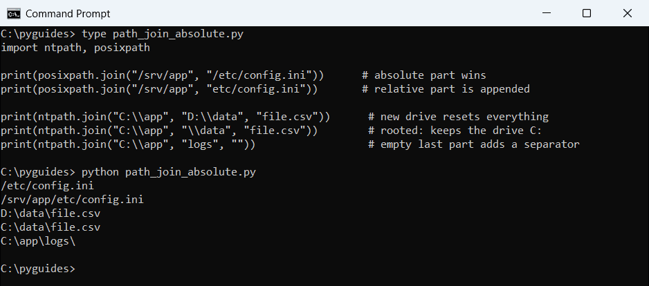Command Prompt output of Python os.path.join discarding earlier parts when a later part is absolute, including Windows drive letters
