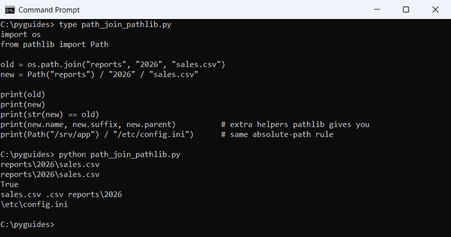 Command Prompt output comparing os.path.join with pathlib's slash operator and showing name, suffix and parent