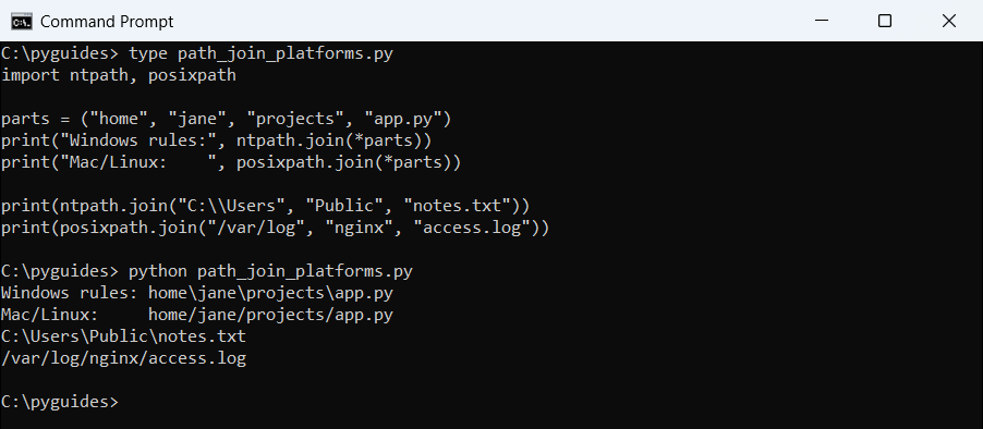 Command Prompt output comparing ntpath.join and posixpath.join to show Windows and Linux path separators