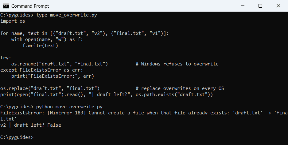 Command Prompt output of Python os.rename raising FileExistsError on Windows and os.replace overwriting the destination
