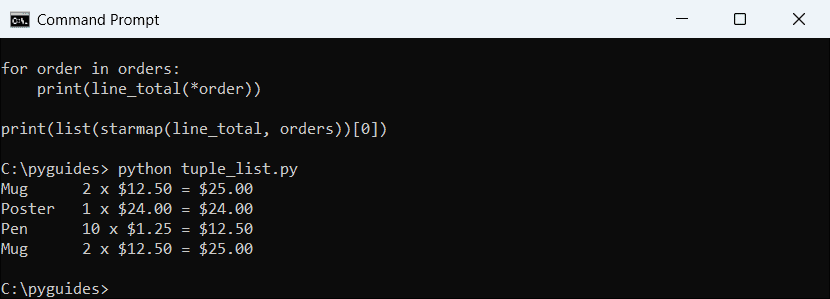 python pass list of tuples to function starmap command prompt Command Prompt output of Python passing each tuple in a list to a function with * and itertools.starmap