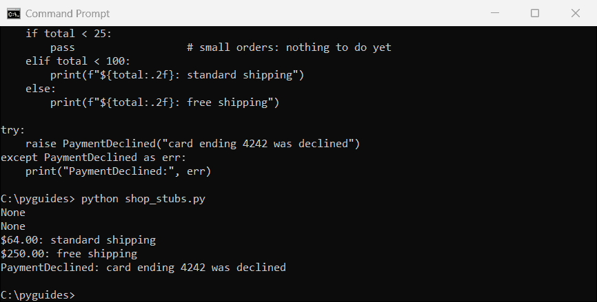 python pass statement stub function class if command prompt Command Prompt output of Python stub functions, a custom exception class and an if branch that use the pass statement