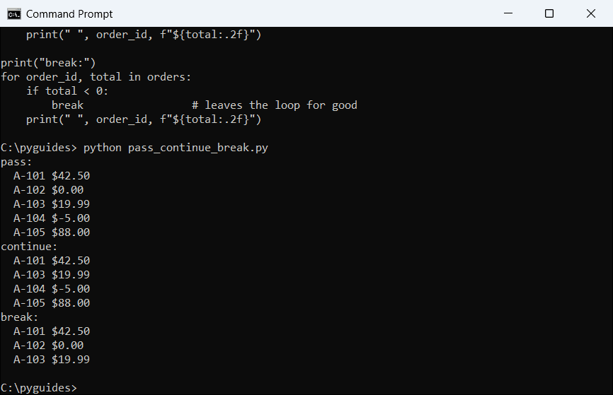 python pass vs continue vs break loop command prompt Command Prompt output comparing the Python pass, continue and break statements in a for loop over orders
