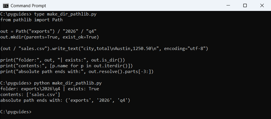 python pathlib mkdir parents exist ok command prompt Command Prompt output of Python pathlib Path.mkdir with parents and exist_ok, writing a CSV into the new folder