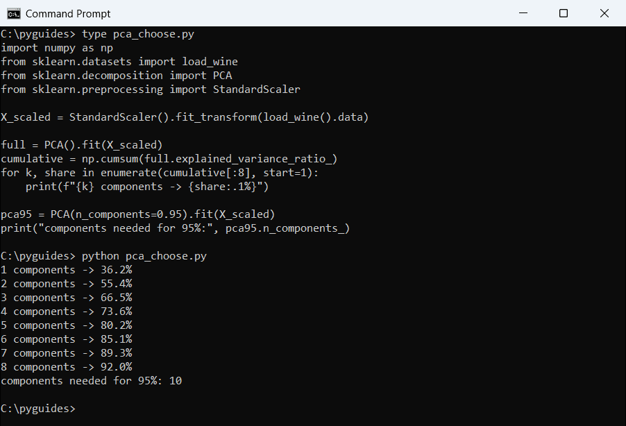 Command Prompt output of cumulative explained variance by number of PCA components and the number needed for 95 percent
