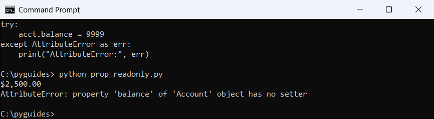 Command Prompt output of a Python read-only property returning a formatted balance and raising AttributeError on assignment