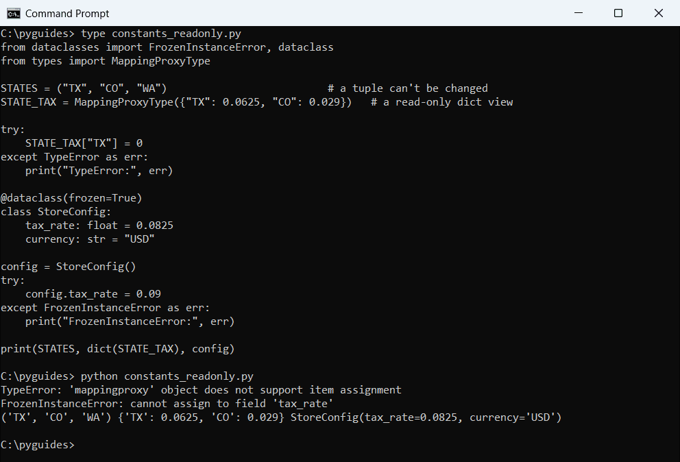 Command Prompt output of a Python MappingProxyType read-only dictionary and a frozen dataclass both refusing changes